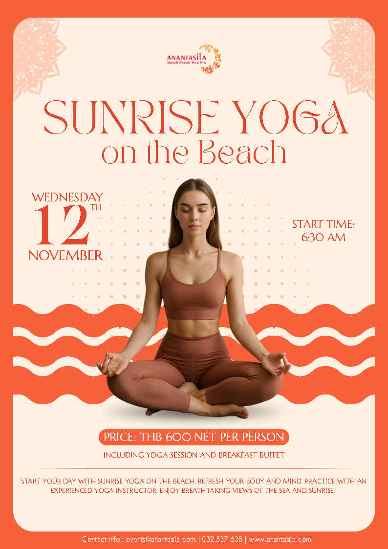 SUNRISE YOGA ON THE BEACH,restaurant huahin,seafood huahin,special rate huahin,restaurant khaotakiab,restaurant beach,Huahin Beachfront Hotel and Resort,In the seaside resort of Hua Hin,americanfood huahin,ร้านอาหารริมทะเลหัวหิน,ร้านอาหาร5ดาวติดชายทะเล,ร้านอาหารพร้อมที่พัก,thebeachatanantasila