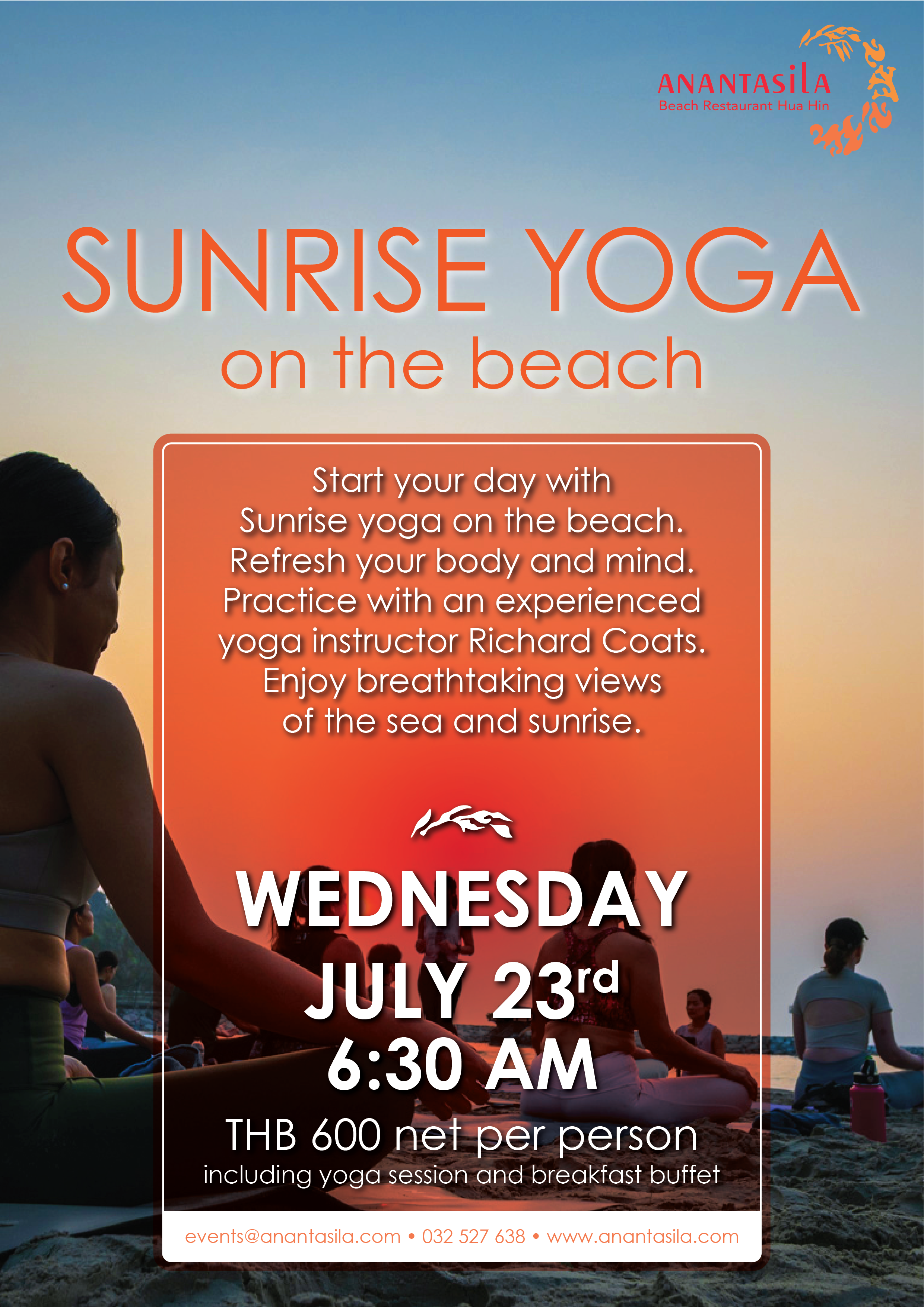 Sunrise Yoga on the Beach,restaurant huahin,seafood huahin,special rate huahin,restaurant khaotakiab,restaurant beach,Huahin Beachfront Hotel and Resort,In the seaside resort of Hua Hin,americanfood huahin,ร้านอาหารริมทะเลหัวหิน,ร้านอาหาร5ดาวติดชายทะเล,ร้านอาหารพร้อมที่พัก,thebeachatanantasila